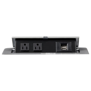 Grey Reclining Sofa with Power Outlet, Padded Headrests & Hidden Storage