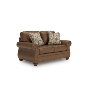 Rustic Faux Leather Loveseat with Nailhead Trim & Throw Pillows