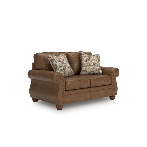Rustic Faux Leather Loveseat with Nailhead Trim & Throw Pillows