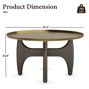 Round Coffee Table with Metal Tray Top & Wood X-Base