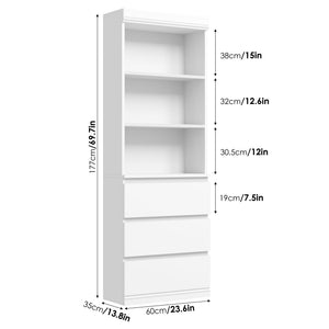 70" Tall Bookcase with 3 Drawers & 3-Tier Open Shelves