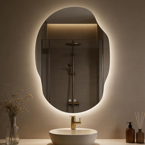 LED Backlit Bathroom Vanity Mirror – Irregular Asymmetrical Design, Anti-Fog, Dimmable 3-Color Lighting