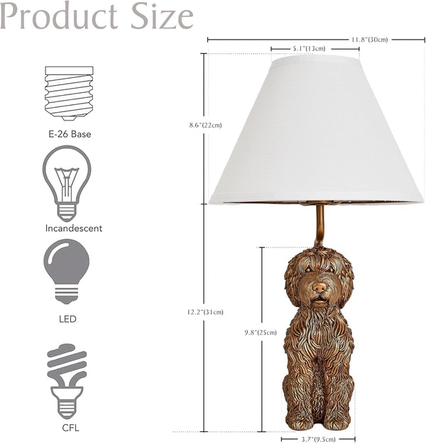 Resin Doodle Dog Table Lamp with Fabric Shade – Golden Sculptural Bedside Accent Light