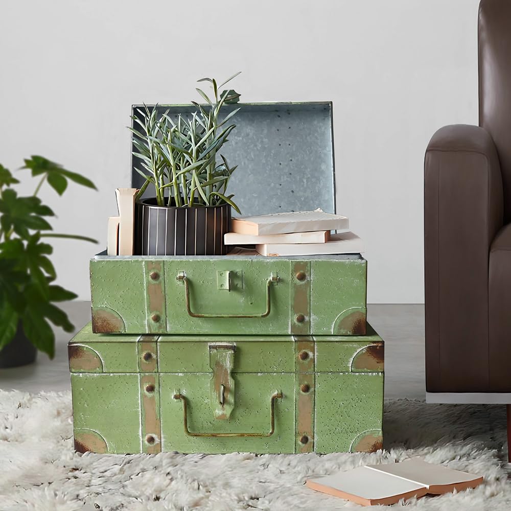 Vintage Metal Storage Trunks Set of 2 with Lids – Antique Decorative Keepsake Boxes