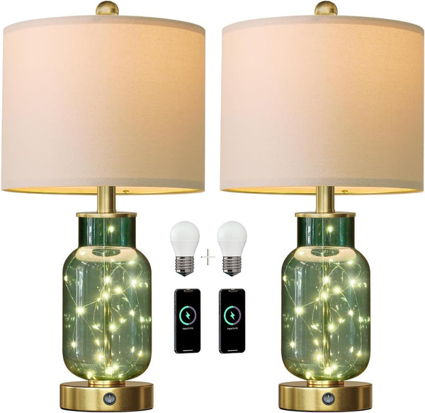 22" Glass Table Lamps Set of 2 with LED Night Light & USB Ports