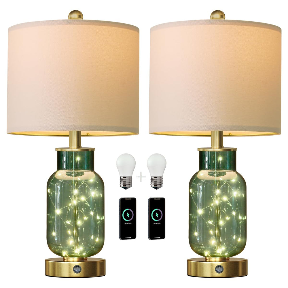 22" Glass Table Lamps Set of 2 with LED Night Light & USB Ports