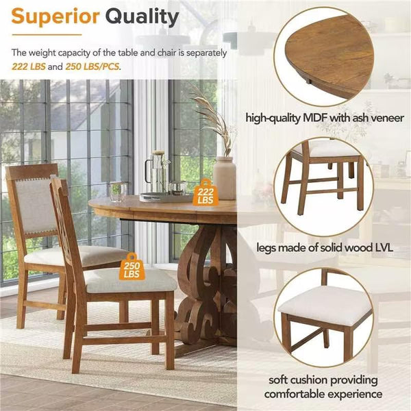 Extendable Round Dining Table Set for 4-6 with Upholstered Chairs