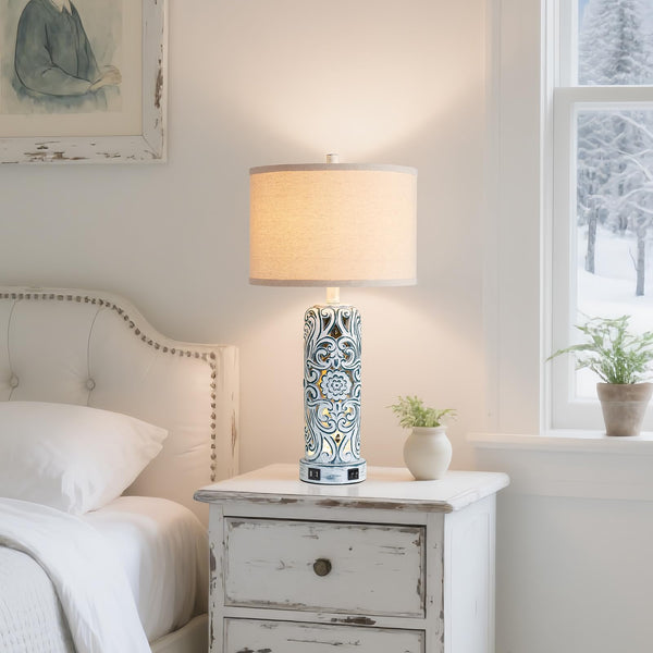 Coastal Vintage Table Lamp Set of 2 with USB Ports & Nightlight