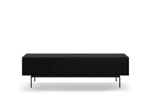 Low Profile TV Stand with Louvered Doors & Soundbar Shelf – Fits TVs up to 85"