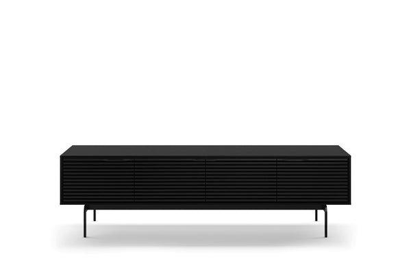 Low Profile TV Stand with Louvered Doors & Soundbar Shelf – Fits TVs up to 85"