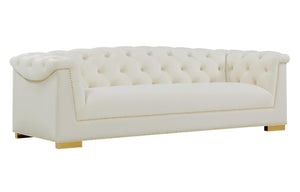 Velvet Button-Tufted Sofa with Gold Nailhead Detail & Steel Legs
