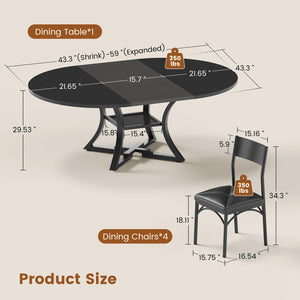 Expandable Round Dining Table Set for 4-8 – 5-Piece with Cushion Chairs