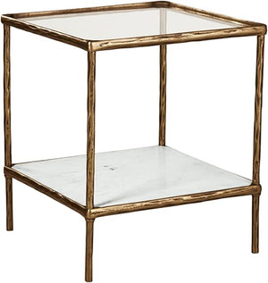 Glass Top Accent Table with Marble Shelf & Metal Frame