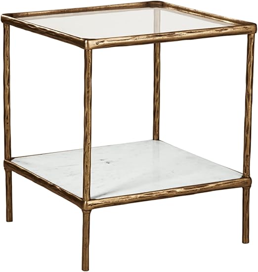 Glass Top Accent Table with Marble Shelf & Metal Frame