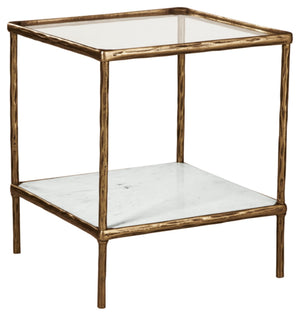 Glass Top Accent Table with Marble Shelf & Metal Frame