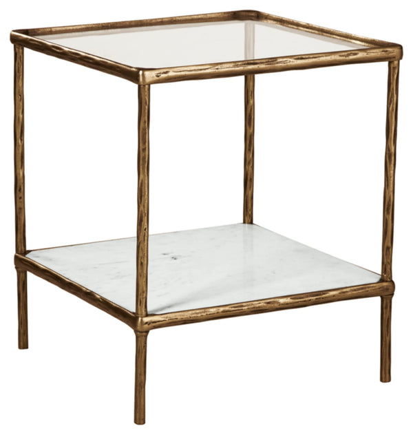 Glass Top Accent Table with Marble Shelf & Metal Frame