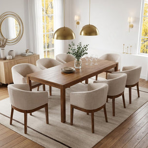 Linen Upholstered Dining Chairs with Solid Wood Legs & Curved Backrest