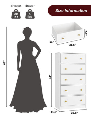 5-Drawer Fabric Dresser with Wood Top – White Storage Tower