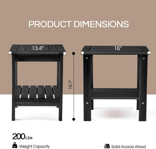 THYOI Premium Acacia Wood Outdoor Side Table, Adirondack Square Patio End Table with 2-Tier Storage Shelf, Weather-Resistant Small Table for Porch, Garden, Backyard, Poolside (Black)