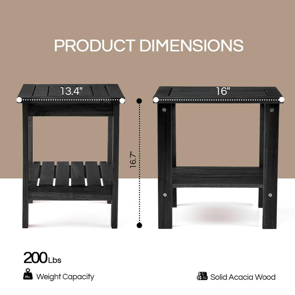 THYOI Premium Acacia Wood Outdoor Side Table, Adirondack Square Patio End Table with 2-Tier Storage Shelf, Weather-Resistant Small Table for Porch, Garden, Backyard, Poolside (Black)