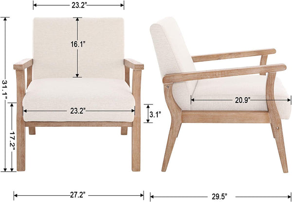 Mid-Century Modern Accent Chair – Beige Linen, Wood Frame