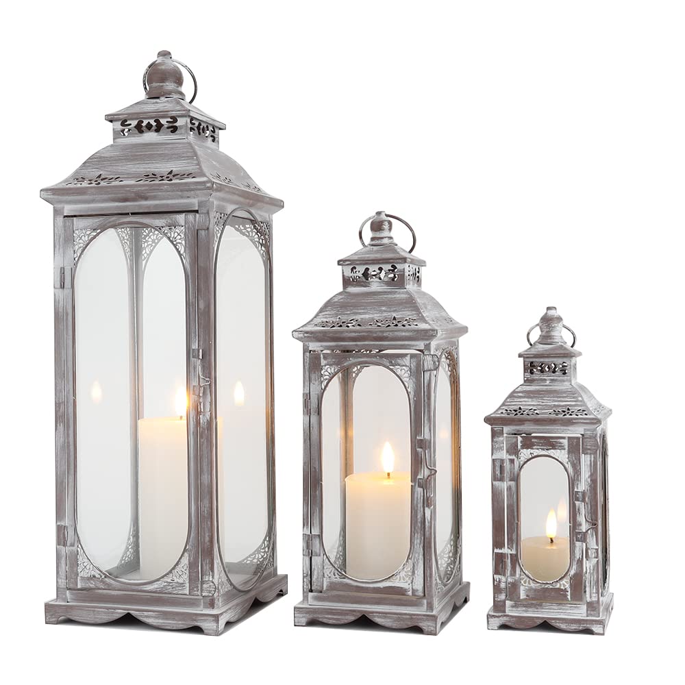 Set of 3 Vintage Metal Candle Lanterns with Tempered Glass – 10"/14"/19.5"H