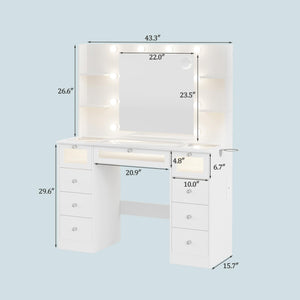 White Vanity Desk with Lighted Mirror, Glass Top & 9 Drawers