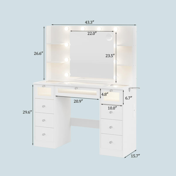 White Vanity Desk with Lighted Mirror, Glass Top & 9 Drawers
