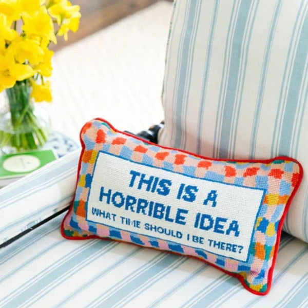 Needlepoint Throw Pillow – Wool Embroidered Accent Pillow 9" x 15"