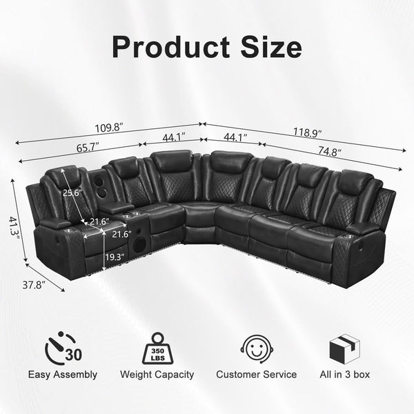 Power Reclining Sectional Sofa – Grey, 6-Seat Faux Leather with Bass Speaker & Wireless Charger