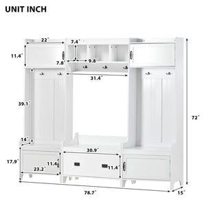 White Entryway Hall Tree with Bench & Shoe Storage