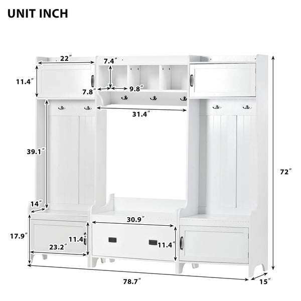 White Entryway Hall Tree with Bench & Shoe Storage