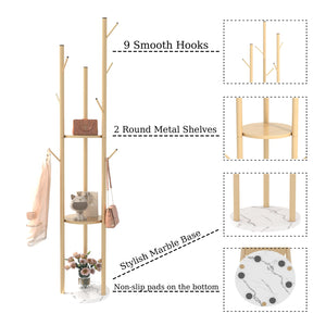 Gold Metal Coat Rack with Shelves & Marble Base