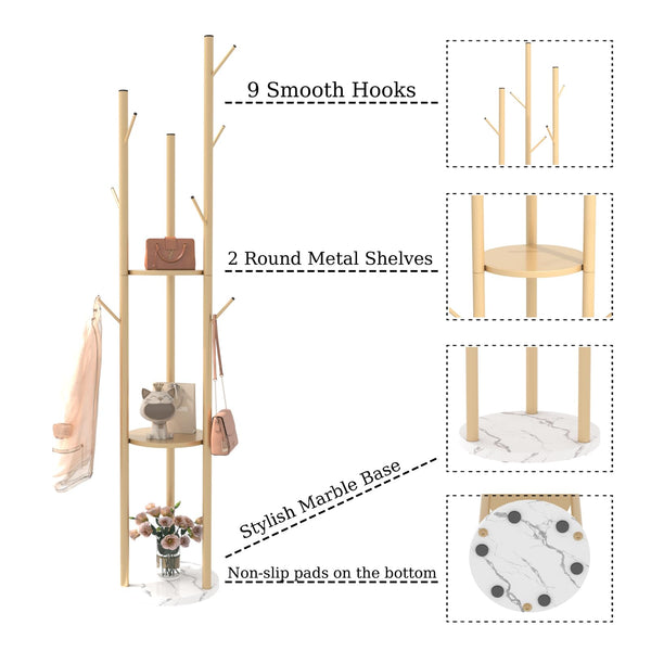 Gold Metal Coat Rack with Shelves & Marble Base