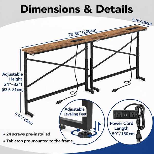 Skinny Console Sofa Table with Charging Station, Adjustable Height, 2-Pack (78.8")