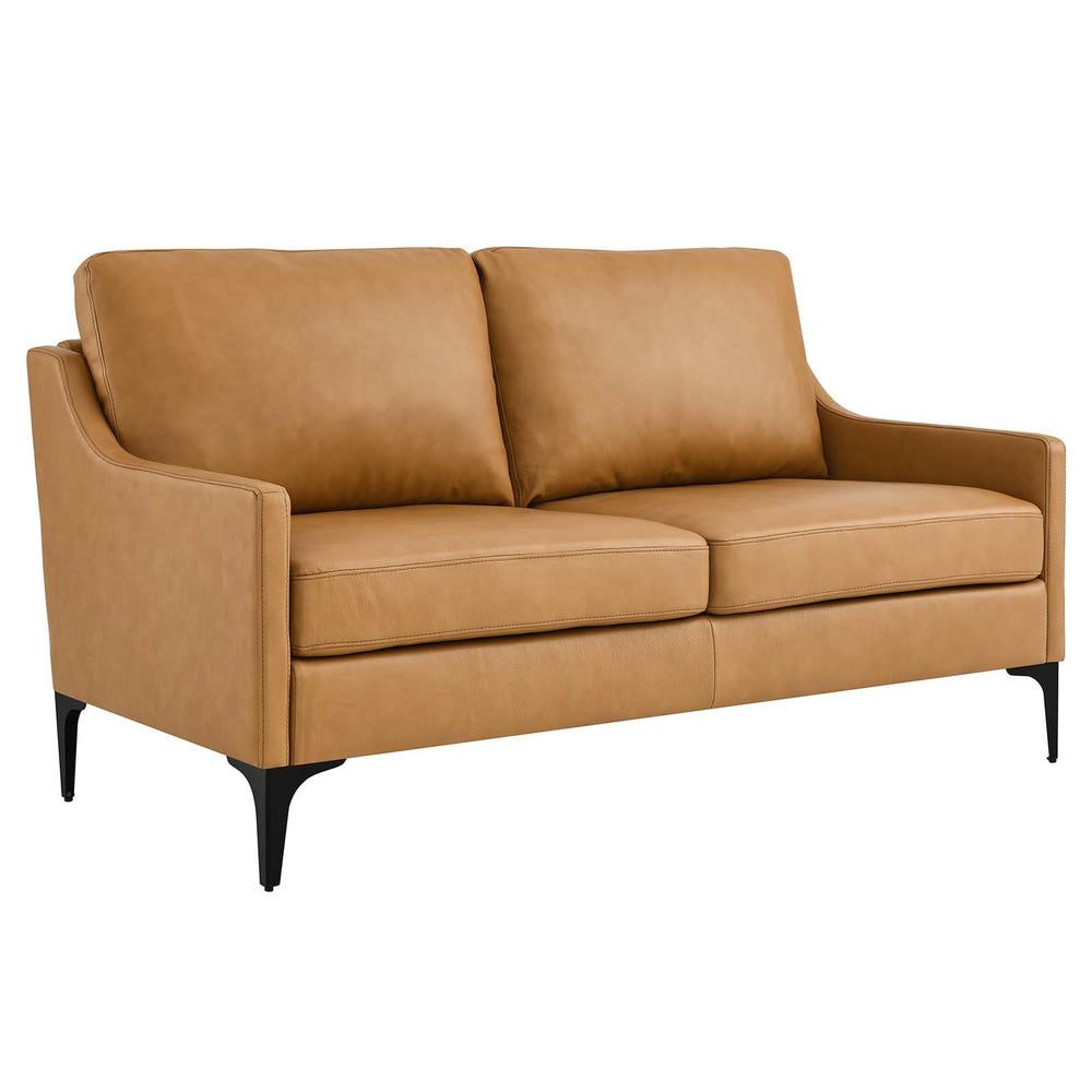 Mid-Century Modern Top-Grain Leather Loveseat – Tan
