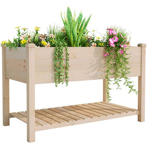Elevated Wood Raised Garden Bed with Storage Shelf