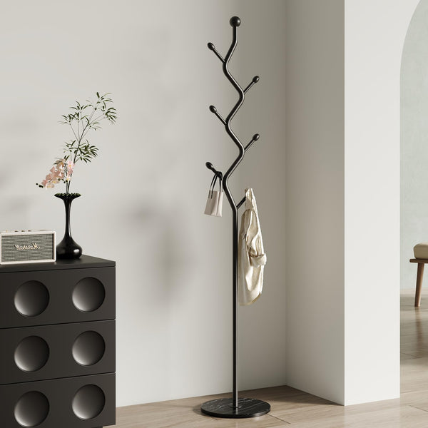 Freestanding Tree Branch Coat Rack with Marble Base & 6 Hooks