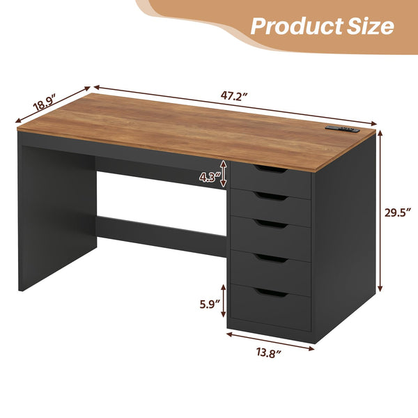47-Inch Computer Desk with 5 Drawers & Power Outlets