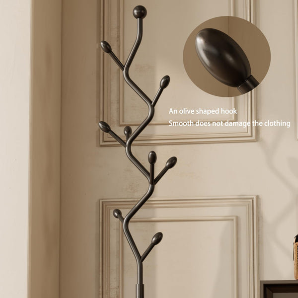 Tree-Shaped Metal Coat Rack Stand with 8 Hooks & Cast Iron Base