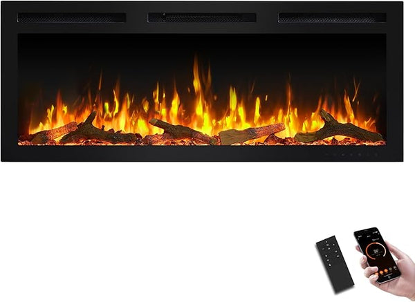 Recessed Electric Fireplace with Log Set & Crystal
