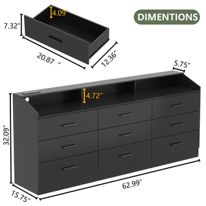 9-Drawer Dresser with LED Lights & Charging Station