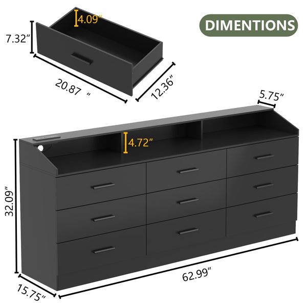 9-Drawer Dresser with LED Lights & Charging Station