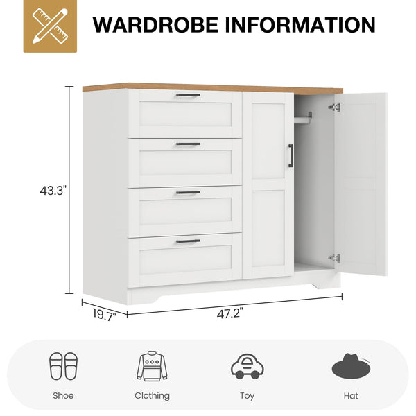 2-Door Wardrobe Armoire with 4 Drawers & Hanging Rod