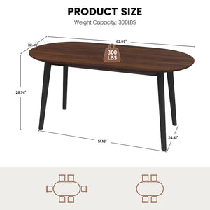 63" Oval Dining Table for 4–6 – Mid-Century Modern with Solid Wood Legs