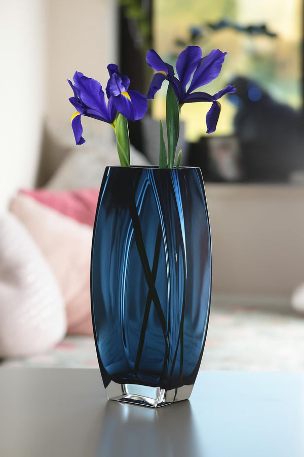 Blue Teal Glass Vase 10.25" Tall Oblong Decorative Flower Vase