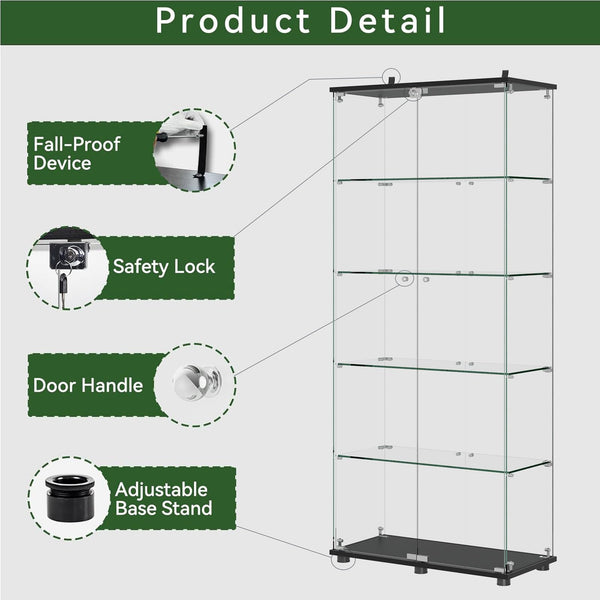 Glass Display Cabinet with Tempered Glass Shelves & Locking Doors