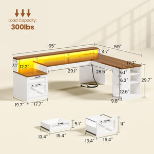 L Shaped Desk with 2 Drawers, 65" x 59" Corner Desk with Storage & LED Strip