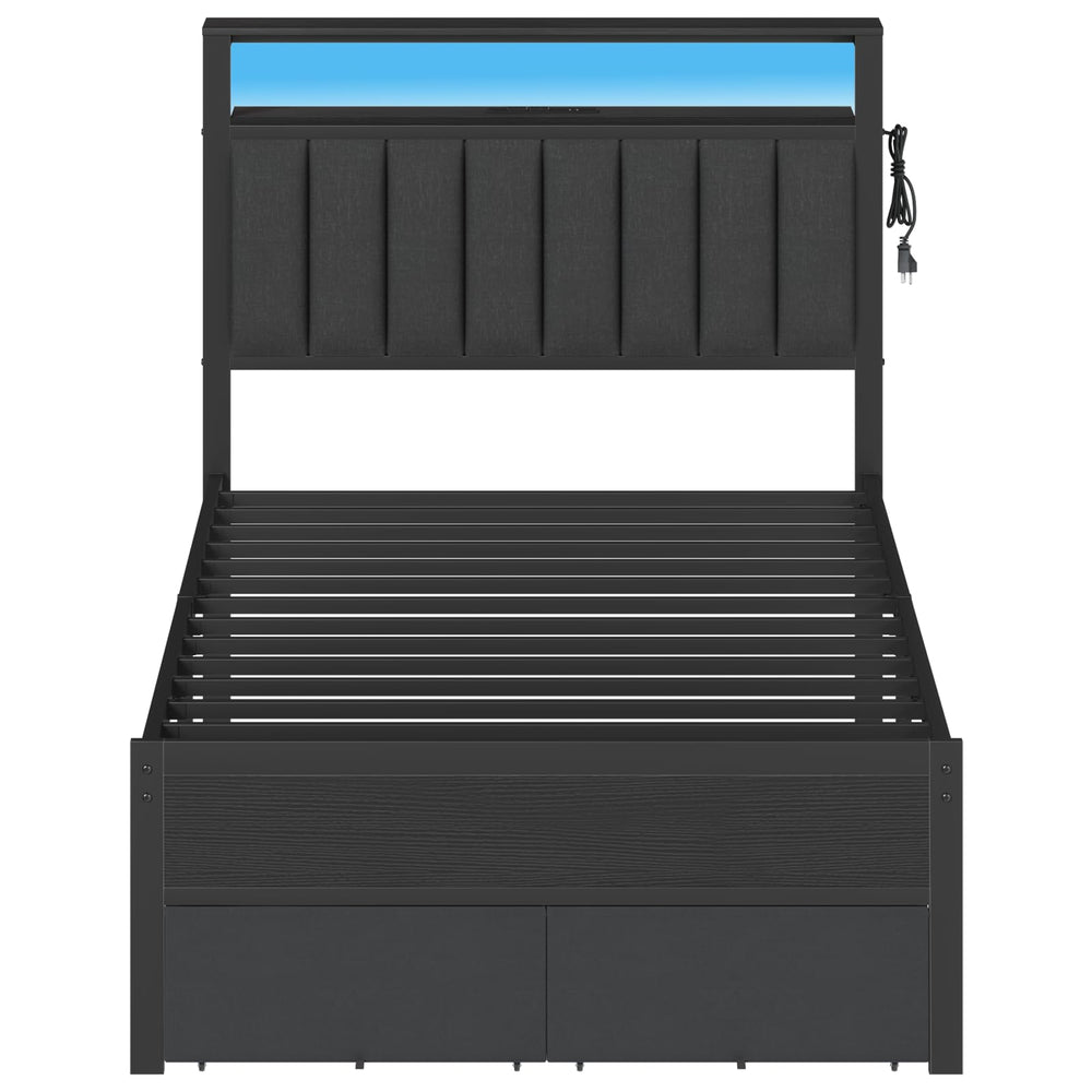 Twin Platform Bed with LED Lights, Charging Station & Storage Drawers