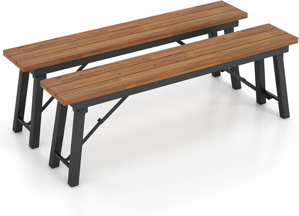 Folding Outdoor Bench Set of 2 – Acacia Wood & Metal